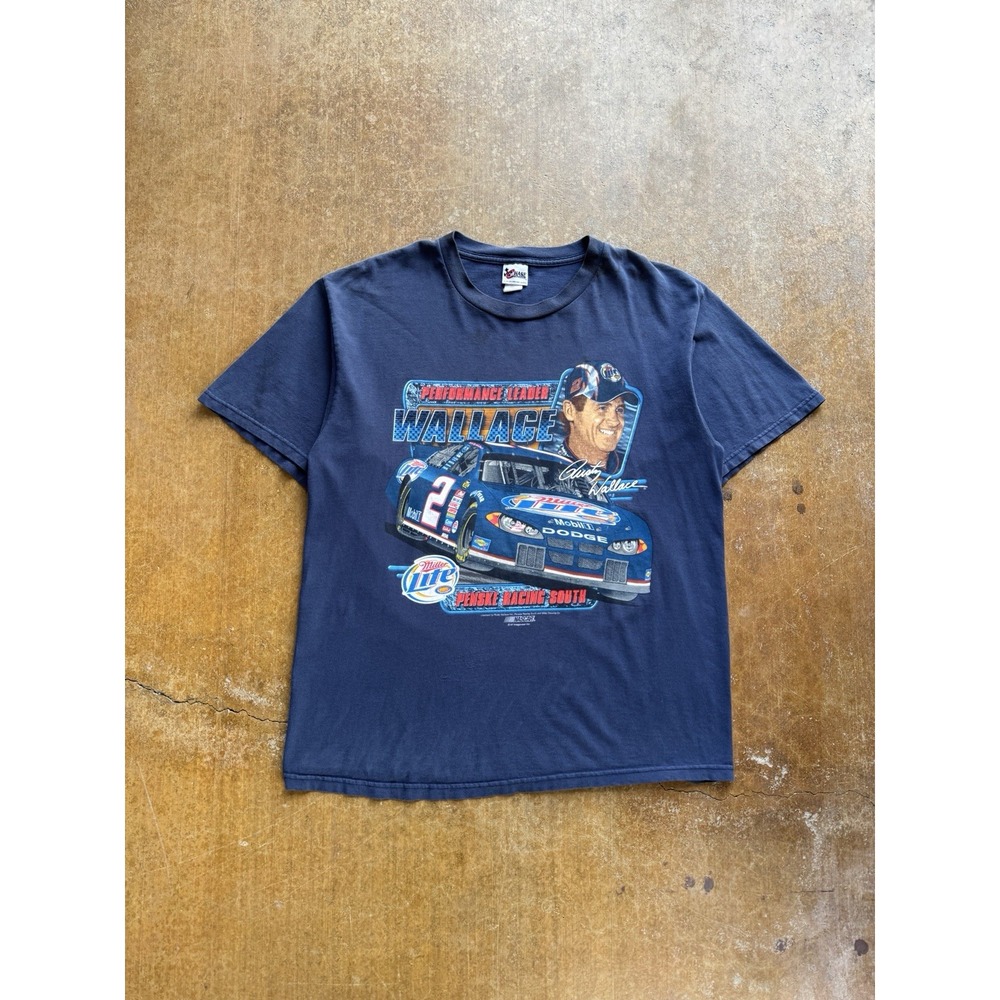VTG Chase Authentics NASCAR Rusty Wallace Miller Lite Beer T-Shirt Y2K Blue L